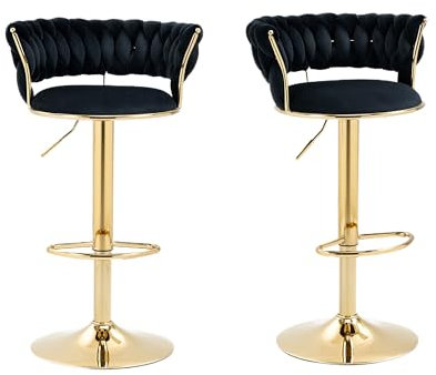 LIFEISLE Barhocker 2er-Set, 360° drehbar Barstühle mit golden höhenverstellbaren Metallrahmen, Küchenhocker mit Fußstütze Bistrohocker Schwarz