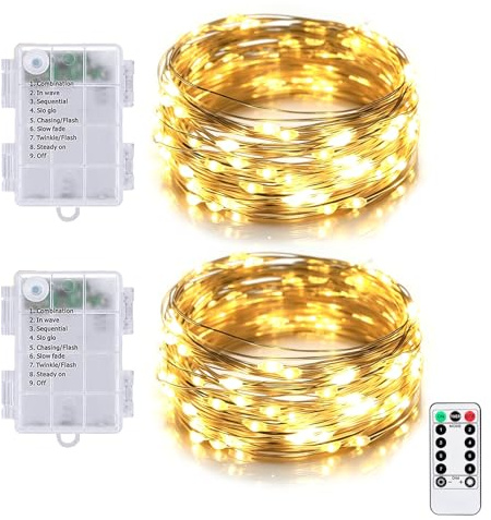 MOLVCE Guirlande lumineuse LED à piles, 100 LED, 10 m, micro guirlande lumineuse d'intérieur avec minuterie et télécommande, 8 modes, étanche, fil argenté, pour fête, mariage, balcon, blanc chaud