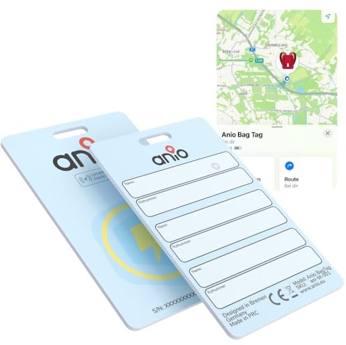Anio Ortungskarte BagTag, Smarter Anhänger, Kompatibel mit Apple Find My | Karte mit Notfallkontakten & Langer Akkulaufzeit, Tracker für Kinder & Senioren, Wiederaufladbar & Wasserdicht, nur für iOS