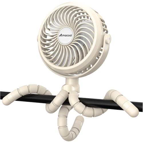 Amacool Portable Pram Fan Battery Operated Stroller Fan Flexible Tripod Clip On with 3 Speeds and Rotatable Handheld Personal fan for Car Seat Crib Bike Treadmill (White)