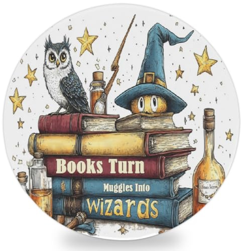 Ceramic Coasters for Drinks, Absorbent Stone Cup Drink Coaster with Cork Base for Coffee Table Decor Tabletop Protection Mat for Mugs Cups Office Kitchen(1Pcs, Owl Books Turn Muggles Into Wizards)