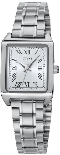 CIVO Vintage Armbanduhr Damen Klein: Silber Römischen Ziffern Eckig Gehäuse | Analog Damenuhr Edelstahl für Stilvolle Frauen mit Schmalen Handgelenken - Kleideruhr für Formelle Anlässe Alltagskleidung
