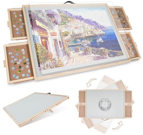 2000 Teile 2-in-1 Neigbares & Drehbares Puzzle-Brett für Erwachsene, Holz-Puzzleschreibtisch mit 4 Schubladen 102 x 72,4 cm, Tragbares Brett mit Lazy Susan und Abdeckung