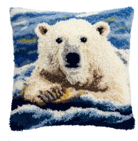 kitphoenix Latch Hook Kits for Adults Beginners Aurora Polar Bear Cushion Craft Kits Pillow Cover Making Crochet Pre Printed Canvas Wool Yarn Hobbies DIY Sofa Home Decor Women Gift