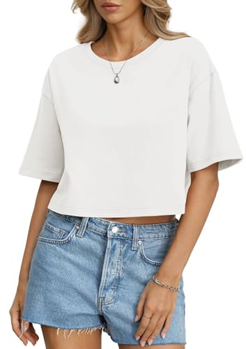 Tomwell Damen Baumwolle Crop Tops mit überschnittenen Schultern Locker T-Shirts Kurzarm Rundhals Tshirt Sommer Oberteile Weiß S