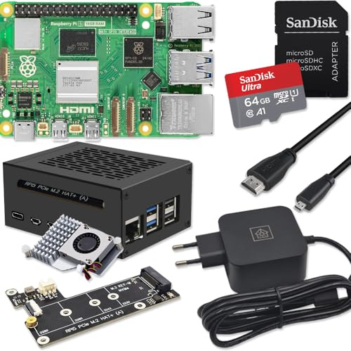 Raspberry Pi 5 16 Go PCIe M.2 NVMe - Kit | Boîtier en métal | Refroidisseur actif | Carte SSD PCIe M.2 NVMe | Bloc d'alimentation USB-C 45 W | Câble Micro HDMI 4K | Idéal pour Home Assistant
