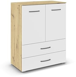 Rauch Möbel ADITIO, Kommode, Farbe Weiß/Eiche Artisan, Breite 80 cm | Highboard im zeitlosen Stil, 2-türig, 2 Schubladen, Soft-Close-Funktion, für Schlafzimmer, Gästezimmer, Wohnzimmer, Garderobe