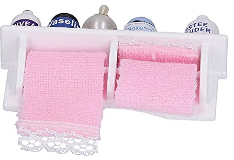 Eminchu Miniature Wooden Towel Rack Bottles Set Dollhouse Bathroom Accessory Eco-friendly Perfume Bottles Pink Towels for 1/12 Doll House