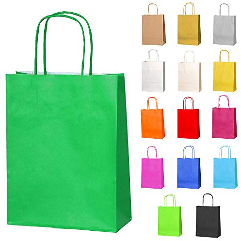 Thepaperbagstore 15 bolsas papel pequeñas verdes 18x22x8cm | Kraft reciclable de color para dulces, detalles, regalos, bodas, cumpleaños, fiestas y eventos
