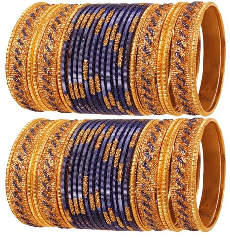 Touchstone NEU Indischer Bollywood-Glamour-Mode-Armreif für das Handgelenk, goldene Glitzer, strukturierte Blaue Farbe, Designer-Schmuck-Armbänder, Armreif Chura. 48er-Set in Goldton für Damen.