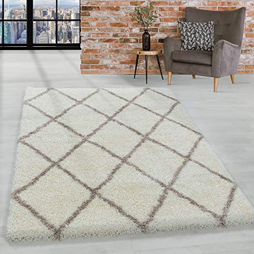 HomebyHome Shaggy Teppich Wohnzimmer 140 x 200 cm - Hochflor Teppich Skandi Rauten Creme Extra Weich und Flauschig - Bettvorleger Teppich für Schlafzimmer, Küchenläufer - Carpet, Halı, Kilim