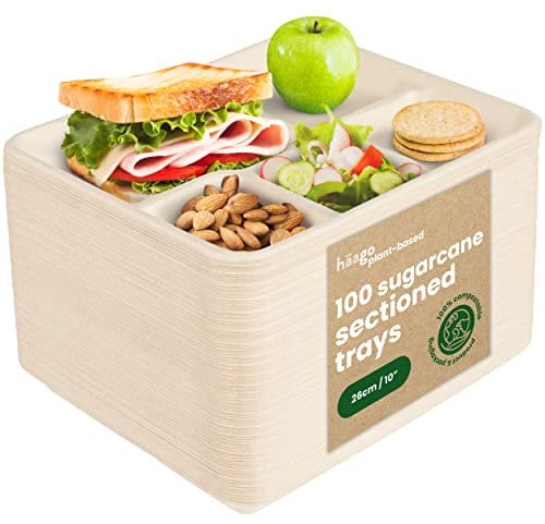 HAAGO Platos de 100 compartimentos Bandejas de bagazo de caña de azúcar con 5 compartimentos, 21x26cm - Biodegradables y compostables en casa - Platos desechables para comida caliente