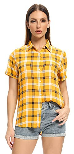Aeslech Chemise Femme Chemisier à Carreaux Chic Boutonnée Manche Courte D'été C Jaune Tag L
