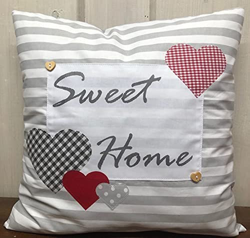1 Maritime Kissenhülle, Landhausstil Kissenhülle, Kissenbezug, Dekokissen, *Sweet Home* grau/weiß gestreift mit Herzen (Baumwolle, 50x50 cm)