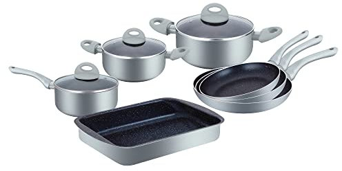 Batterie de cuisine - lot de casserole induction - Set casserole et poele tous feux - Couvercles ventilés en verre - Batterie de cuisine revêtement en marbre - 10 pieces - Herzberg HG9016-SL