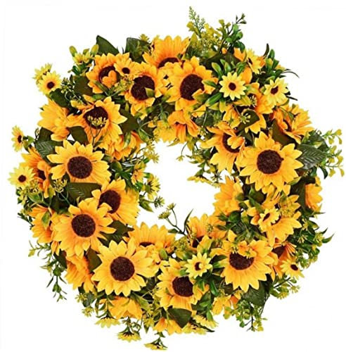 Artificial Sunflower Wreath Fall Autumn Wreath Fake Flower Wreath with Yellow Sunflower for Front Door Hanging Farmhouse Welcome Door Wreath