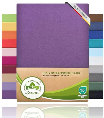 Premium Kinder Spannbettlaken leevitex® 100% hochwertige Mako-Jersey-Baumwolle | Öko Tex geprüft (Lila/Pflaume, 2er Set | Premium | 70 x 140 cm)