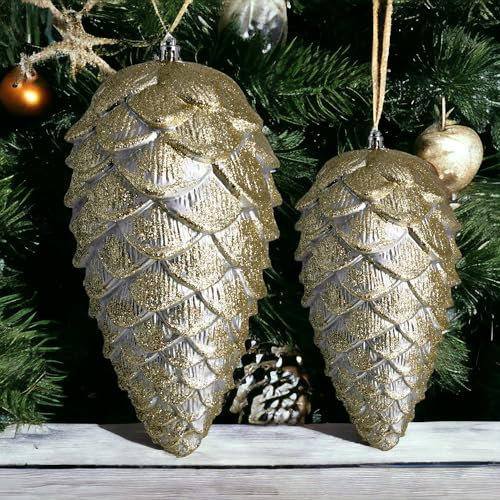 XL Christbaumanhänger Zapfen 2er Set - 23cm / 17 cm - Outdoor Tannenbaumzapfen für den Weihnachtsbaum - Christbaumschmuck zum Anhängen für Weihnachtsdeko - bruchfest (Gold)