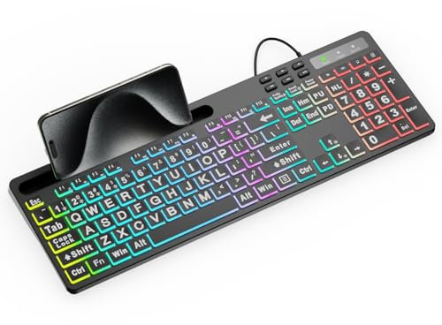 MARVO WK712 Big Print Backlit Keyboard USB Wired with 7 Colors and 11 Modes Backlit Silent Backlit Keyboard with Tablet Phone Holder
