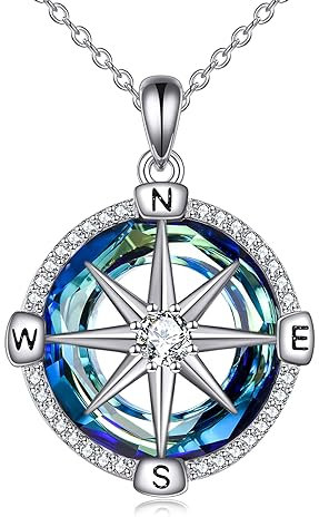 VONALA 925 Sterling Silber Kompass Kette Schmuck Kettenanhänger Geburtstag Inspirierende Geschenke für Damen (Kompass-Blauer Kristall)