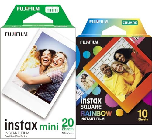 Fujifilm instax mini instant film White Border, 20 Count, suitable for all instax mini cameras and printers & instax SQUARE instant film Rainbow border, 10 shot pack
