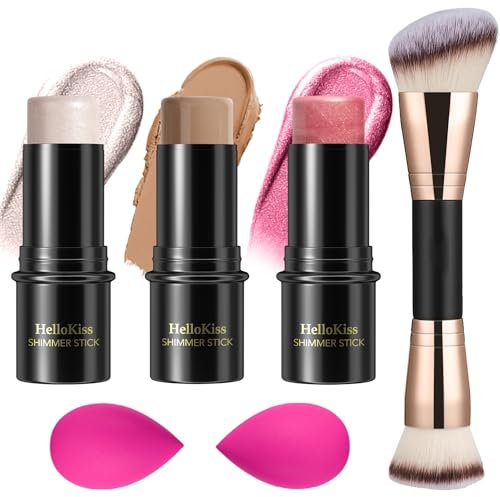 Hilareco 3 Pcs Cream Contour Stick Makeup Kit,Shades with Highlighter Stick,Blush Stick and Bronzer Contour Stick for Sculpt the Cheeks,Waterproof, Matte & Dewy Finish (Light,#01+#09+#11)