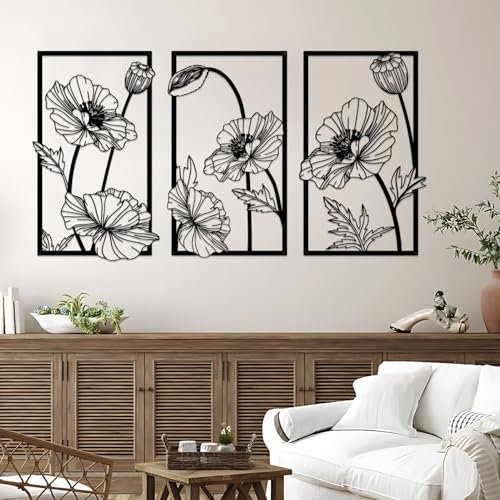 Resama 3 Stück Metall Lotus Blume Wanddekoration, Schwarze Moderne Abstrakte Blumen Kunst, Minimalistische Hängende Wandskulptur für Wohnzimmer Schlafzimmer Badezimmer Küche Yogazimmer