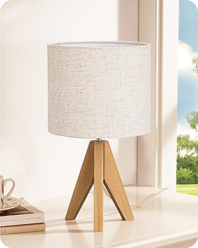 EDISHINE Nachttischlampe Tischlampe Holz, Stativ Vintage Landhaus, Leine Lampenschirm Beige, Walnuss hell für modern Deko Schlafzimmer, Wohnzimmer, Nachttisch, Geschenk