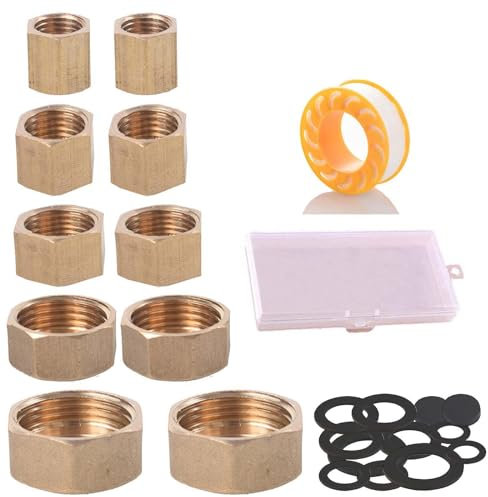 SVOCK 10 Stück Blindstopfen 3/4 1/2 3/8 1/4 1/8 Zoll, Blindstopfen Wasserleitung Innengewinde, Verschlusskappe 3/4 Zoll mit Dichtung, Messing Kappe mit Box, Blindstopfen Set für Garten Wasserleitung