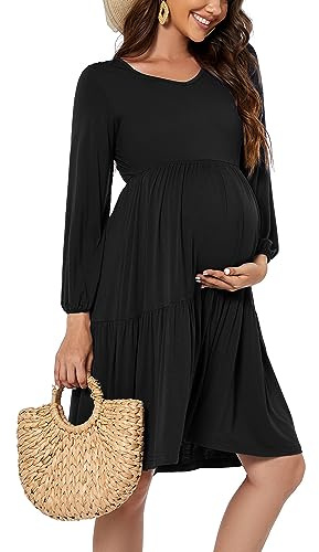 Smallshow Women's Maternity Dress Long Sleeve Ruffle Pregnancy Clothes Black XXL