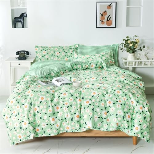Koudi Grün Blume Bettwäsche 135x200 Kinder Mädchen Blumen Weiß Kariert Bettbezug Blumenmuster Pflanzen Kinderbettwäsche Set Wende Microfaser Kinderbettwäsche mit Kissenbezug 80x80 cm