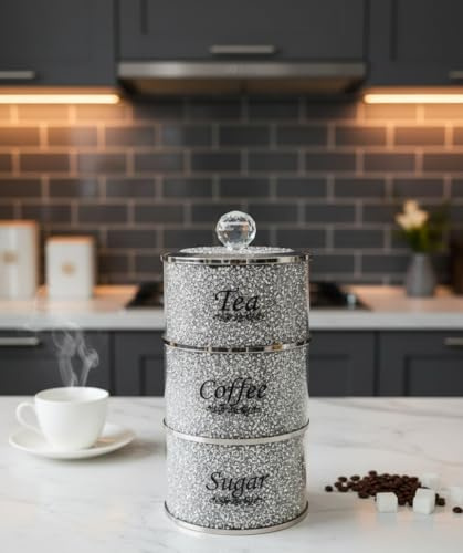 DEENZ Stackable Diamond Crushed Tea Coffee Sugar Canisters Jars Round Shaped Kitchen Storage Crystal Filled Home Decor (Silver)