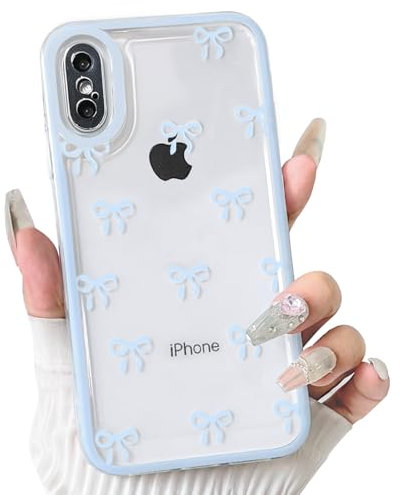 NITITOP Compatible with iPhone XS Max Case Cute Clear Blue Durable Ribbon Bowknot Pattern for Girls Women Soft TPU Transparent Full Camera Lens Shockproof Protective Phone Cover - Blue
