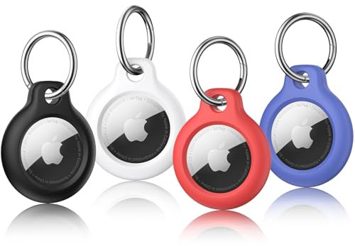 Amzpas 4Stück AirTag Hülle mit Schlüsselanhänger,Airtags Schlüsselanhänger Silikon Ganzkörper Kratzfest, Secure Holder Schutzhülle für Air Tag(Schwarz/Blau/Weiß/Rot)