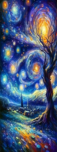 ZHUMUTO Diamond Painting Adulte XXL 60x160 cm Arbre Ciel Étoilé Bleu Or | Peinture Diamant Paysage Nocturne Bleu Or Tourbillons Lumineux Village 5 Kits Outils 30 % Diamants en Plus Déco Murale XXL