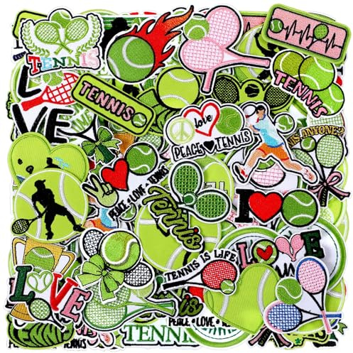 HunnmingRe 72 Pcs Tennis Iron on Patches Embroidered Green Tennis Iron on Hat Patches Racket Ball Sport Cheer Appliques Sew on for Hat Backpack Pants Jeans Clothes DIY Crafts Gifts