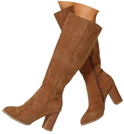 Xbemkste Weitschaftstiefel Damen Slouchy Boots mit Absatz Langschaftstiefel Hohe Stiefel Cowboystiefel Schlupfstiefel Wildlederstiefel Winterstiefel Kniehohe Damenstiefel