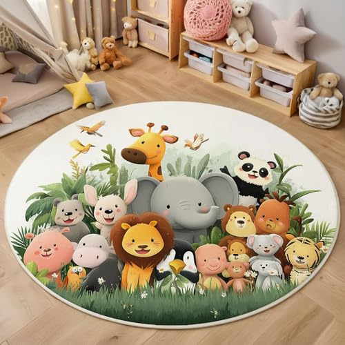 Kinder Teppich - Niedliche Tiere Cartoon-Stil Meerjungfrau - Design Runden 100cm, rutschfest und Weich, Ideal für Kinderzimmer, Spielzimmer und Krabbelmatte