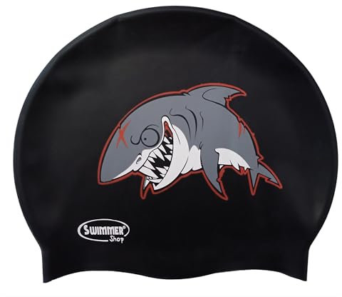 Swimmershop Cuffia Piscina Uomo Donna e Bambino | Cuffia in Silicone per la Piscina | Ideale per il Nuoto in Piscina | Bordo Rinforzato - Morbida e Resistente - Modello Squalo