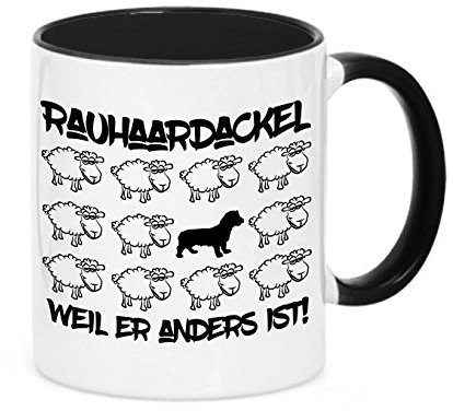 siviwonder Tasse Rauhaardackel Keramik Kaffeebecher schwarz/weiß 375 ml beidseitiger Druck Schafe Motiv mit Dackel Silhouette deutscher Spruch weil er anders ist Geschenk Bürotasse Homeoffice