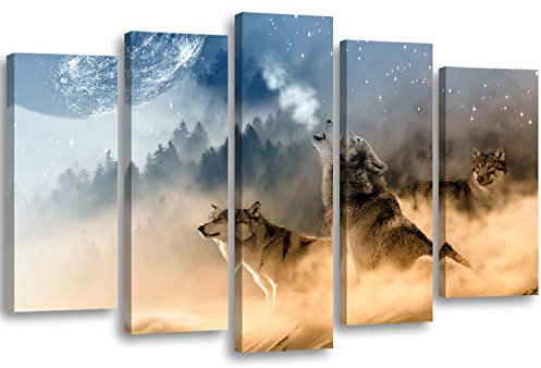 Feeby Bilder Wolf XXL 5-Teilig Typ A 200x100 cm 1 Teilig Wohnzimmer Schlafzimmer Büro Flur Küche Wandbilder Leinwandbilder Modern Bild auf Leinwand Wanddekoration Kunstdruck Design Natur Braun Blau