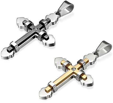 JewelryWe Schmuck 2pcs Herren Anhänger Halskette Edelstahl Zirkonia Kreuz Kreuzanhänger mit 65cm königskette Kette Gold Schwarz Silber