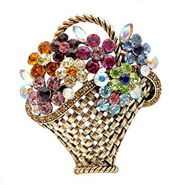 Prinzessin zu Stolberg Serie - Handgearbeitete Vintage Brosche  Blumenkorb  mit Blumen aus Kristallen & Antik-Gold Look