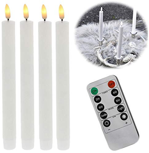 LS-LebenStil 3D Stabkerze Weiß 24,5cm Echtwachs 4´er Set Timer bewegliche Kerzen Flamme