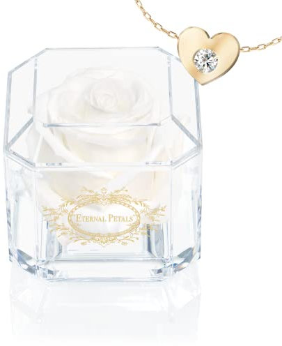 Eternal Petals A Real Rose That Lasts Years, Handmade in UK – Gold Solo with Gift Box, 18 ct Gold plated Heart Necklace with Clear Crystal and Love Message Greeting Card (White)