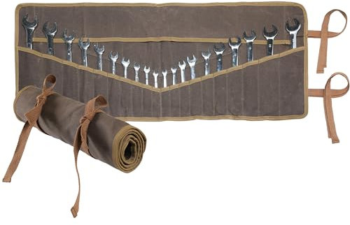 Tool Roll Up Bag, Heavy Duty 16oz Waxed Canvas Wrench Storage Roll for Metric & SAE Wrenches - with 20+4 Slots & Canvas Straps | Grey | 84 x 34cm