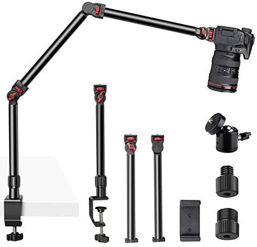 FOUTOUKEEP Overhead Camera Stand, Adjustable 3-Section Camera Mount Clamp with 180° Range & Adjustable 360° Base, Overhead Webcam Phone Camera Stand for Photography Videography Livestream