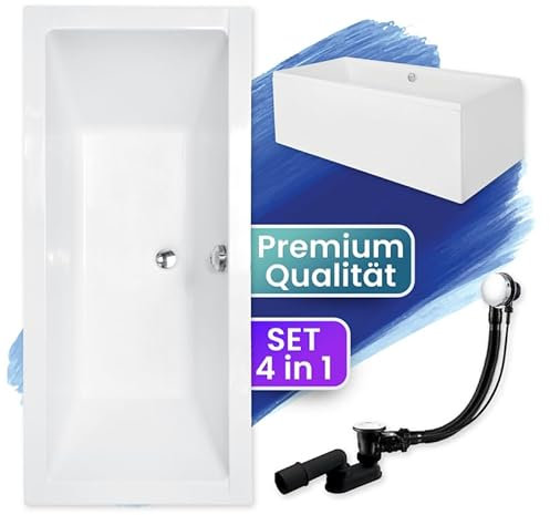 BADLAND Acryl Original Badewanne 180x80 cm Weiß Rechteck KOMPLET KOMPLETTSET SET Acrylschürze Wanne Siphon Wannenfüße Design Modern Ablaufgarnitur in Chrom Premium Made in EU 4in1