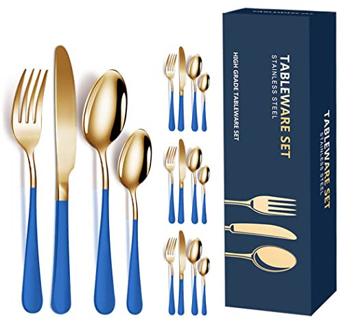 XIAOYU Service d'argenterie, service de couverts en acier inoxydable de 16 pièces pour 4, poignée mate, ensemble de couverts de vaisselle pour restaurant d'hôtel de cuisine à domicile, bleu