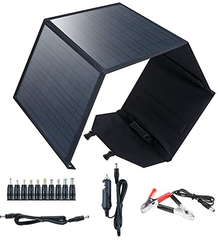 Wttfc Placa Solar Plegable de 18V 80W, Panel Solar Monocristalino, Módulo Paneles Solares Fotovoltaica de Alta Eficiencia con 2 USB(5V) y 18V DC Puerto para Generador, Autocaravana, Camping, Viaje